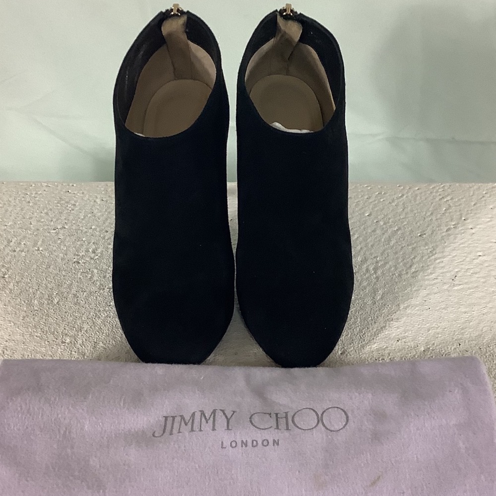 Jimmy Choo Black Suede Ankle Booties Gold Zip Stiletto Heels IT 35 US5 MadeItaly